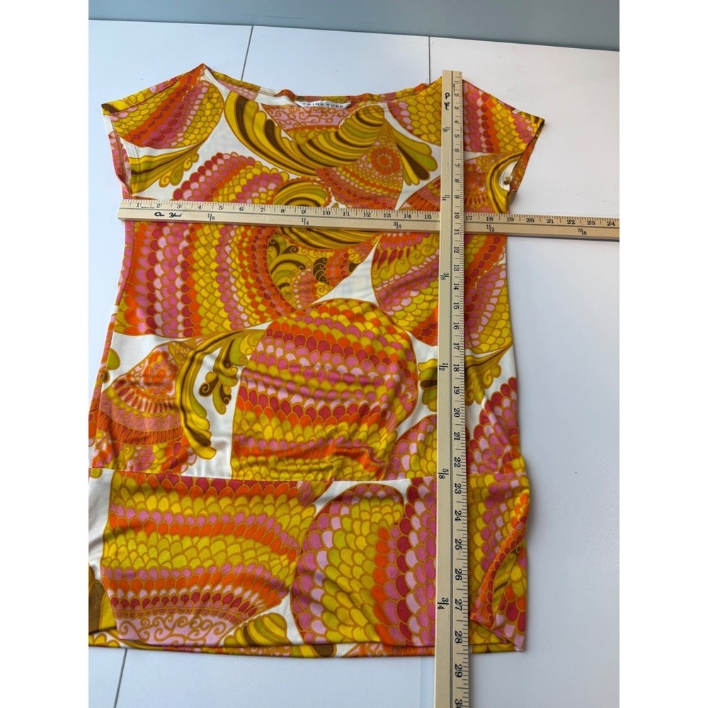 Trina Turk Silk Blouson Top Women L Bold Psychedelic Retro Cap Sleeve Luxury Mod - Picture 5 of 5